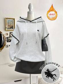 INAWLY B177：女式黑色绣花边运动衫 - 灰色 - 查看 3