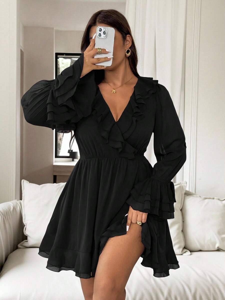 Vionelle Vestido largo y corto de mujer talla grande de primavera/verano, estilo francés romántico de Sicilia, elegante y casual, para ir a trabajar, de vacaciones, para tomar el té de la tarde, de unicolor, de gasa con pliegues, cruzado con lazo, de doble capa con volantes en las mangas, forrado