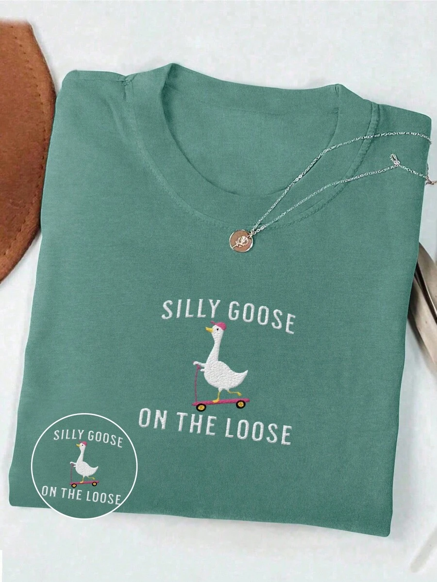 INAWLY 1pc Comfortable Embroidered Shirt, "Silly Goose On The Loose" T-Shirt, Embroidered Goose Round Neck Shirt, Silly Goose Shirt, Funny Shirt Gift - Cadet Blue - View 1
