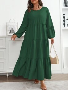 Vionelle 大码女式春夏纯色圆领灯笼袖荷叶边下摆宽松休闲连衣裙长款女装 - 墨綠色 - 查看 5