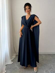 Elenzga Women's Solid Color Splicing Ribbon Decor V-Neck Waisted Long Dress - Navy Blue - View 3