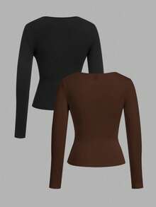 SHEIN EZwear 2pcs/Set Women Plus Size Solid Color Crew Neck Bodysuit, Casual Long Sleeve T-Shirt Outfit/Fall/Winter