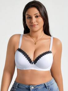 SHEIN 1pc Plus Size Women Contrast Lace Striped Wireless Adjustable Bra, Lift - Black and White - View 3