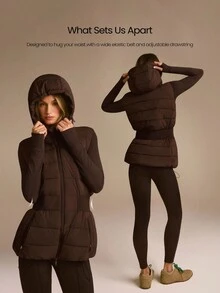 GLOWMODE 捆绑柔软温暖寒冷轻质防水宽弹性腰带拉链口袋可调节抽绳下摆兜帽防羽绒连帽羽绒背心秋冬户外日常休闲 - 肉桂靈感 - 查看 4