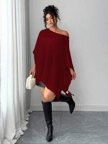 Elenzga Plus Size Women Asymmetric Hem Batwing Sleeve Loose Sweater - Burgundy - View 1
