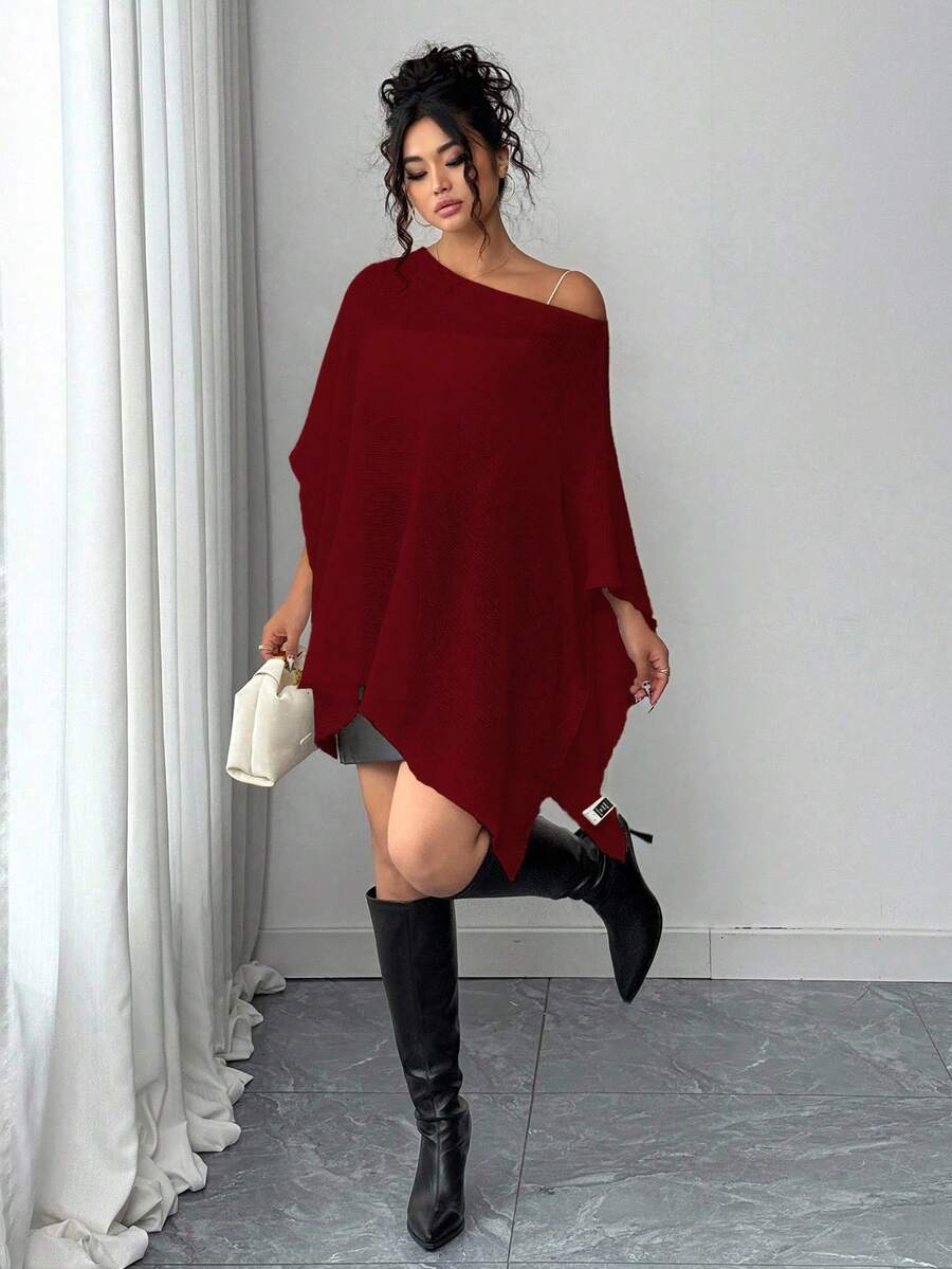 Elenzga Plus Size Women Asymmetric Hem Batwing Sleeve Loose Sweater - Burgundy - View 1