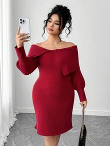 SHEIN Elenzya Plus-Size Women's Solid-Color Knitted Sweater Dress, Off-The-Shoulder With Lapel, Waist-Slimming, Long-Sleeved & Bodycon, Elegant & Sexy, Suitable For Autumn & Winter, Christmas (Including Christmas Parties), Back-To-School, Vacation & OfficeChristmas Outfits Women's Winter Apparel - Red - View 5