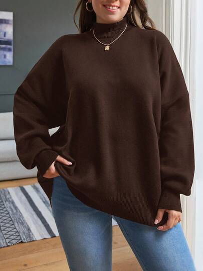 RueChic Plus Size Women Mock Neck Drop Shoulder Sweater
