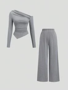 Sweetra 女士新款斜肩褶皱长袖不对称下摆上衣和休闲裤简约优雅两件套，适合通勤和休闲穿着 - 深灰色 - 查看 1