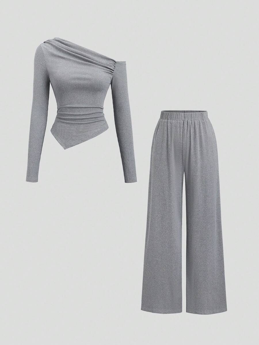 Sweetra 女士新款斜肩褶皱长袖不对称下摆上衣和休闲裤简约优雅两件套，适合通勤和休闲穿着 - 深灰色 - 查看 1