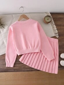 Tween flickor tröja set, rosa rund halsad knapp långärmad handgjord rosettstickad tröja + matchande färg veckad minikjol, lös passform, mjuk och bekväm, lämplig för vår/höst, vardag, utomhus, resor, semester, hem och barnlek - Rosa - Visa 2