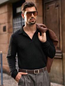 Manfinity VCAY Men Casual Solid Color Commuter Polo Shirt, Suitable For Daily Wear, Online Black Knitted Business Casual Tops, Fall - Black - View 5