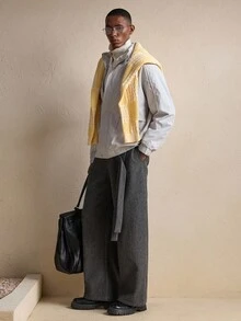 AKNOTIC Business Casual 男士休闲宽松纽扣阔腿裤 - 黑色 - 查看 4