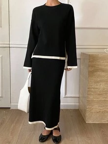 DAZY 女士休闲撞色拼布开衩毛衣和裙子两件套，秋季 - 黑色 - 查看 4