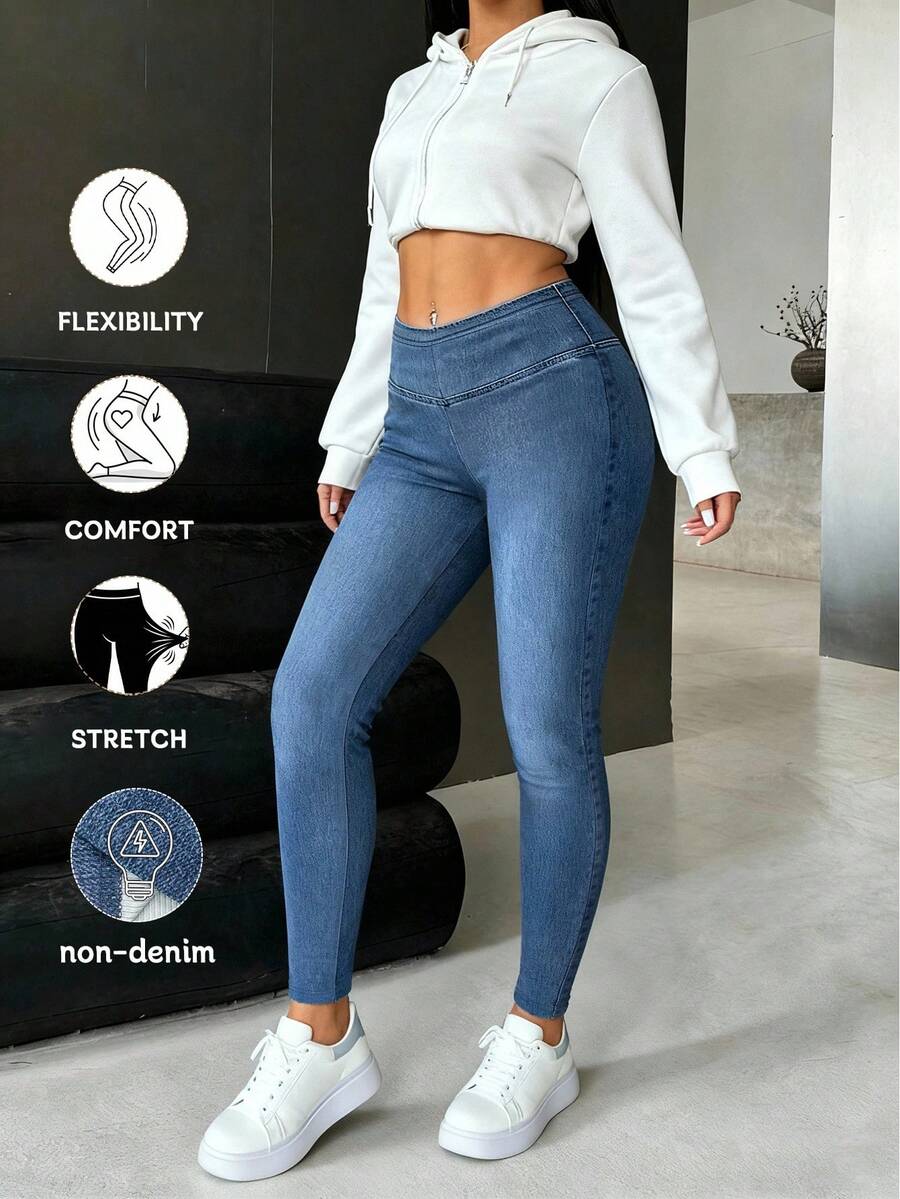 EMERY ROSE 大码女式无缝腰部仿牛仔紧身裤 - 浅蓝色水洗弹力瑜伽裤，适合休闲健身，高腰收腹修身裤