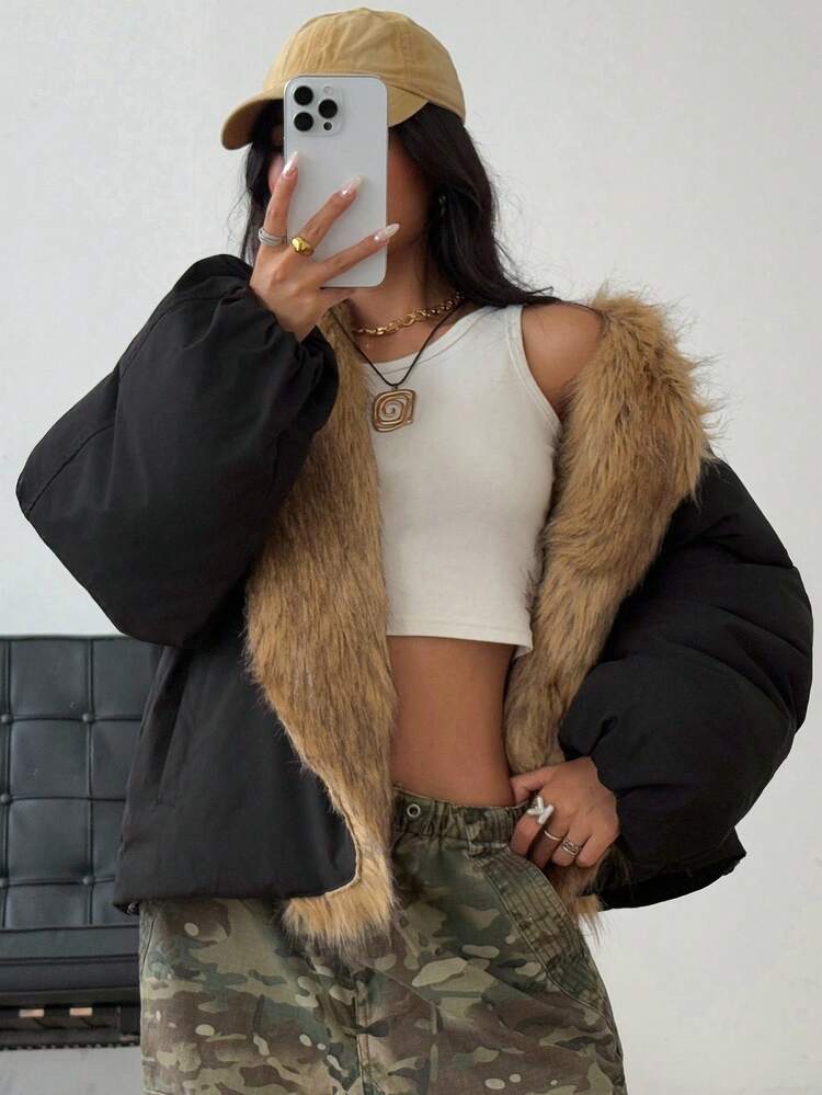 Women's Fur Collar Patchwork Long Sleeve Open Front Loose Winter Coat Jacket