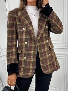 EMERY ROSE 女式格子翻领长袖双排扣休闲西装外套，秋季 - 彩色 - 查看 5