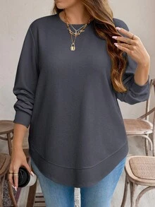 SHEIN LUNE Áo nỉ dài tay tối giản màu trơn cỡ lớn dành cho nữ mặc hàng ngày, trang phục thiết yếu cho ngày lễ - Màu xám đen - Xem 5