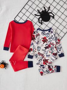 男婴超级英雄图案睡衣套装，红色和海军蓝，长袖 T 恤和紧身裤，弹性面料，舒适休闲家居服 - 彩色 - 查看 2