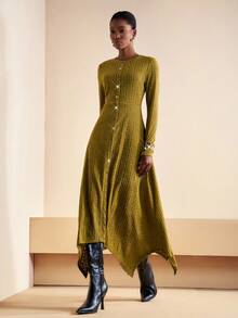 Zivah 20  Autumn New Arrival Halloween Birthday Party Banquet College Style Student Daily Casual Versatile Cruise Travel Viral Hit Elegant Commute Business Casual Round Neck Long Sleeve Front Metal Button Decor Slit A-Line Silhouette Olive Green Vertical Sheer Lace Fabric Lined Long Dress For Women - Army Green - View 2