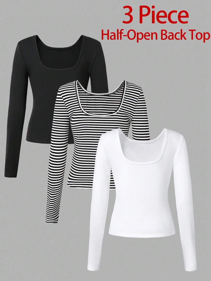Bộ 3 áo thun trơn màu và sọc hở lưng đa năng cho bé gái tuổi teen - Nhiều màu - Xem 1
