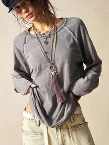 Bohemela BOHO Casual Solid Color Knit Crew Neck Butterfly Hollow Back Design Loose Long Sleeve T-Shirt For Women - Grey - View 4