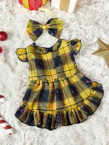 PETSIN 1PC Pet Cat Dog Universal Christmas Yellow Classic Checkered Cute Little Flying Sleeve Bow Decoration Dog Dress