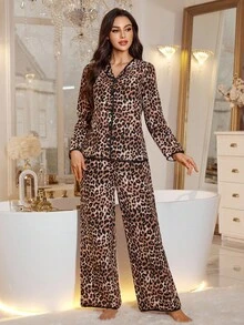 LuxeNights 常规款豹纹长袖上衣和裤子女士睡衣套装，冬季服装 - 彩色 - 查看 6