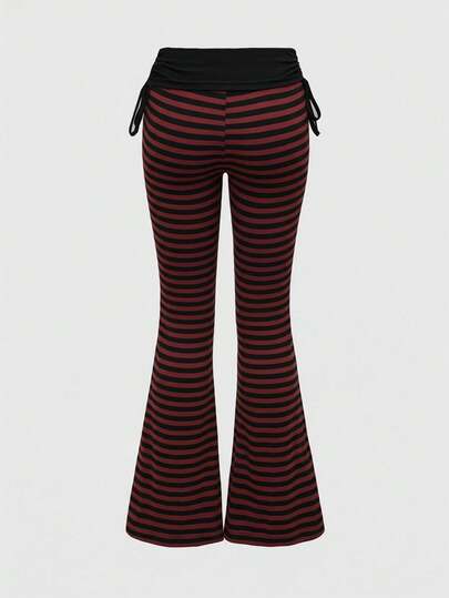 Grunge Punk Pantalon évasé à cordon de serrage de style punk avec rayures et couleurs contrastées pour femmes