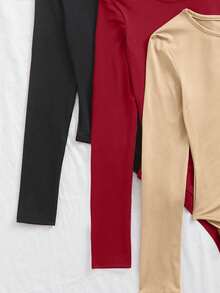 Chiquease Body femme col rond manches longues couleur unie - Rouge - Voir 5