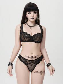 ROMWE Goth Set di lingerie con reggiseno con ferretto e perizoma in pizzo gotico, sexy e accattivante