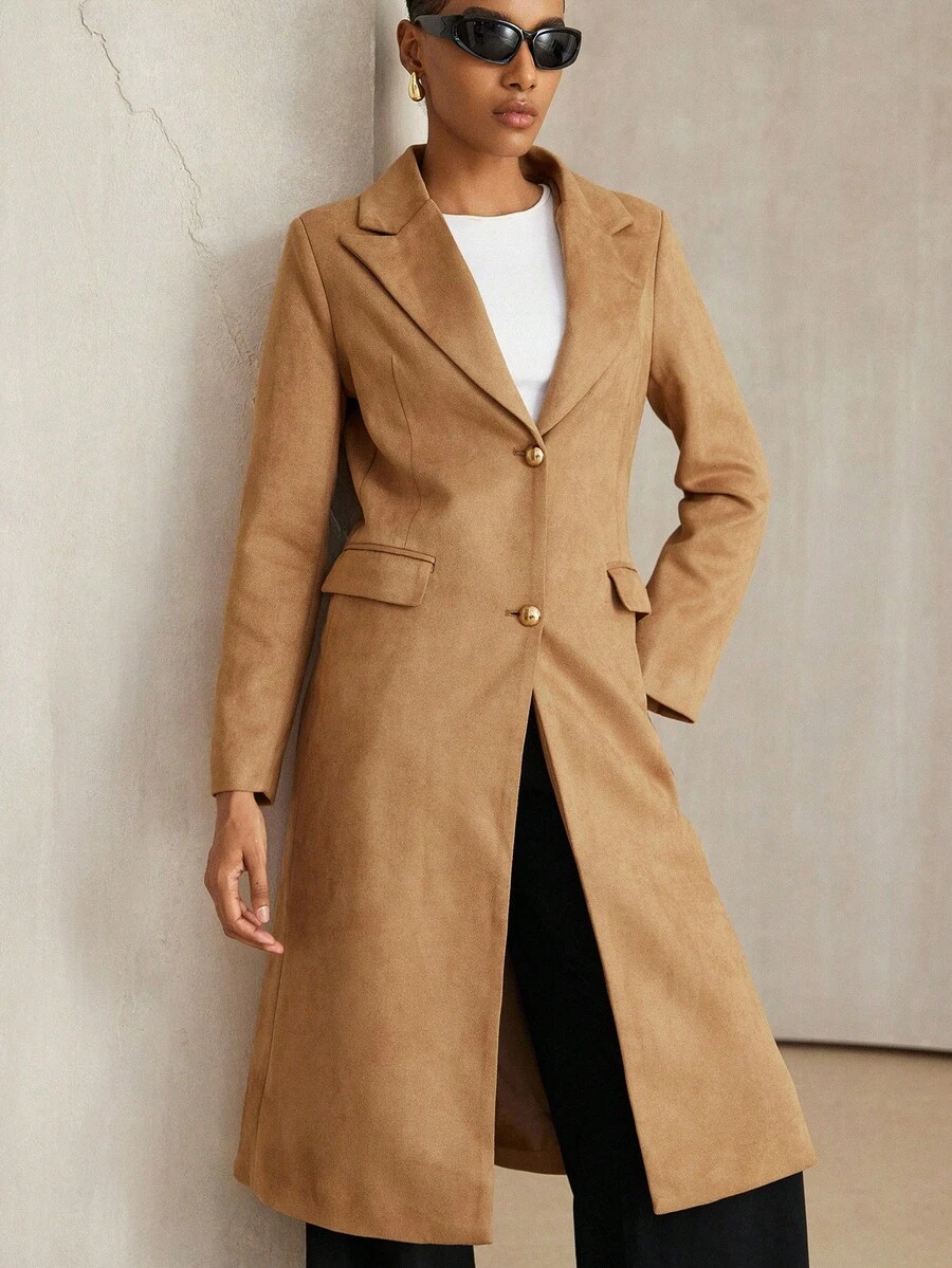 Aveloria Modichic Elegant Fashionable Minimalist Versatile Wool Blend Notched Collar Cinched Waist Mid-Length Coat