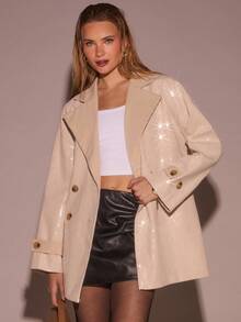 SHEIN Glamour 卡其色亮片风衣，女士秋冬款，适合女教师、机场旅行、商务休闲、办公室等场合，也可作为外套穿着。 - 卡其色 - 查看 5