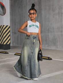 SHEIN Tween Girls Y2k Retro Fashion Vintage Blue Denim Midi-Length Mermaid Skirt Fall Winter,For Girls Dailywear Costume,Girls Streetwear Outfits,Halloween Outfits,Christmas Costume,Winter Clothes,Teen Dress