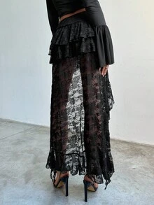 Aloruh Women's New Boho Vacation Sexy Music Festival Punk Black Lace Multilayer Ruffle Asymmetrical Asymmetric Hem Skirt