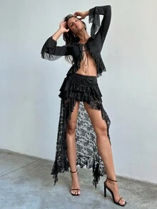 Aloruh Women's New Boho Vacation Sexy Music Festival Punk Black Lace Multilayer Ruffle Asymmetrical Asymmetric Hem Skirt