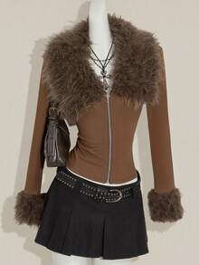 SHEIN ICON Y2k Fall Western Going Out Brown Zip Up Grunge Concert Goth Solid Color Faux Fur Zipper Patchwork Fitted Long Sleeve Jacket - Brown - View 5