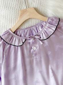 2pcs/Set Teen GirlCute Butterfly Jacquard Long Sleeve Top And Pants Elegant Loungewear Girls Satin Pajamas Purple Pajamas Set Purple Pjs For Girls Fall Winter - Mauve Purple - View 4