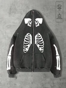 ROMWE MEN Goth Men's Casual Fashionable Street Skeleton Print Loose Fit Zip-Up Hoodie Sweatshirt, Suitable For Spring/Autumn