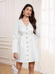 Miaspire Elegant V-Neck Metal Buckle Waist Dress, Suitable For Parties, Gatherings, Autumn/Winter Elegant White Cardigan Dress,Women's Fall Dress,Prom Dress,Chic Women's Dress,White Dress New Year, Zip-Up Dress - White - View 7