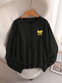 CosyJoli Plus Size Women Embroidered Bow Knitted Casual Cardigan, Autumn/Winter - Black - View 6