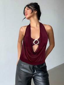 Aloruh 深酒红色新款性感半透明深V领露背吊带上衣，饰以现代金属装饰，时尚假日女装，适合度假、夏季、春季街头风穿搭。 - 紫紅色 - 查看 6