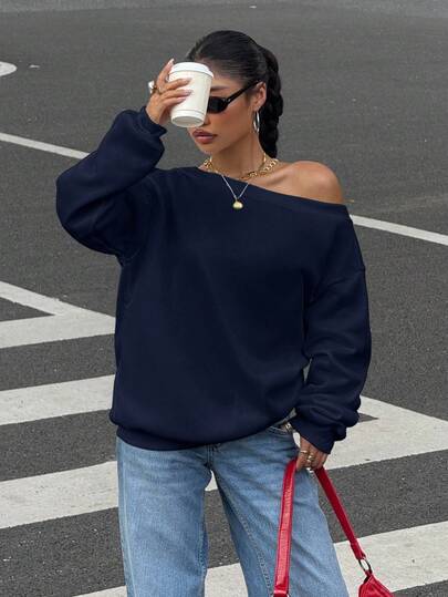 SHEIN EZwear Navy Blue Oversized Oblique Shoulder Thermal Lined Women Sweatshirt, Autumn/Winter