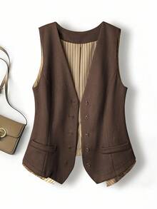 Franclia 大码女式法式休闲无袖V领夹克，夏季 - 咖啡棕 - 查看 1