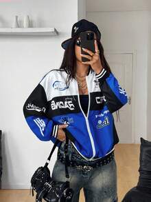 Coolane Women's Fall Streetwear Concert Rave Blokecore Color-Blocked PU Letter Pattern Print Blue Baseball Jackets For Back To School - Blue - View 2