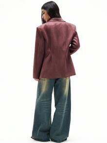 Aveloria Affinna Women's Deer Suede Exaggerated Shoulder Pad Cinched Waist Pleated Long Sleeve Blazer Jacket