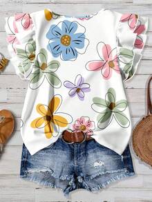 EMERY ROSE 大码女装日常休闲优雅复古度假风热带花卉图案圆领双层小飞袖宽松衬衫，女装夏装，女装度假服装，W