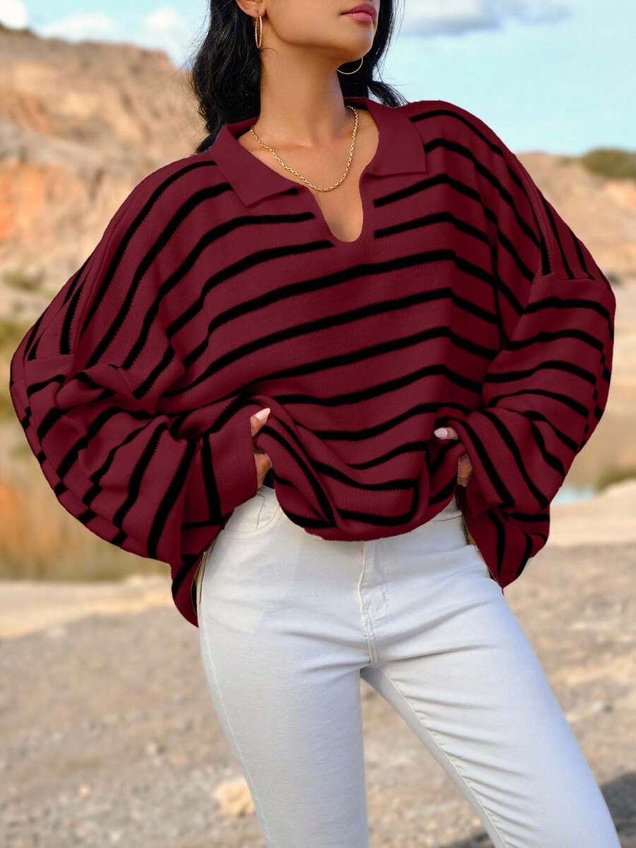 SHEIN Cottnline Plus Size Striped Pattern Polo Collar Casual Long Sleeve Sweater - Burgundy - View 1