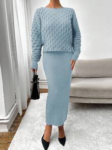 EURMUSE Women's Textured Crew Neck Long Sleeve Top & Skirt Knit Set - Baby Blue - View 5