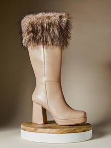 SHUZIA Giày bốt cao gót đế vuông mũi vuông lông giả mềm mại quyến rũ dành cho nữ, ấm áp, thoải mái, thích hợp cho tiệc tùng mùa đông - Màu be - Xem 3